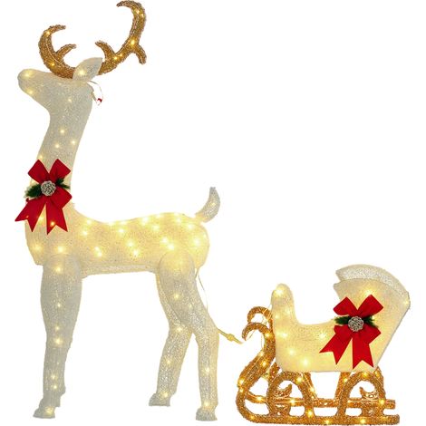 Outsunny reno con trineo luminoso, decoración de navidad con 170 LED blanco cálido, para interior, exterior y jardín 59x29x118 cm