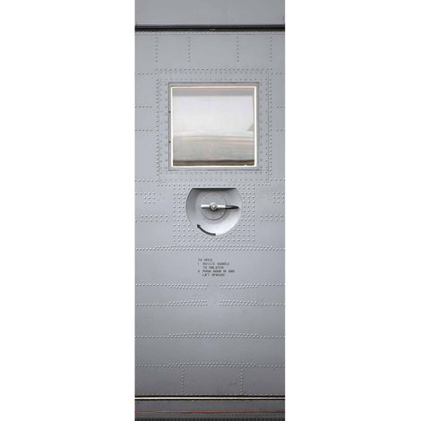 Papier peint panoramique trompe l'oeil gris | Tapisserie panoramique avion porte métallique | Papier peint panoramique industriel pour bureau - 280 x 100 cm (1 pièce) (1/2)