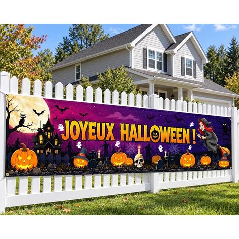 Halloween banner decoration outdoor photo background fabric background for garden home wall terrace door room balcony scary party with pumpkins ghosts bat graves (1/5)
