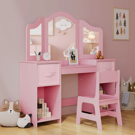 Tavolo da toeletta per bambini con specchio, sgabello e contenitore, 108x30x114 cm, scrivania per bambini, tavolo da trucco
(Rosa)