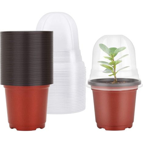Lot de 30 pots de culture ronds en plastique - Pots à bouturage - Pots de culture avec dôme d'humidité - Petits plateaux de semis - Plateaux de plantation - Pots de démarrage - 10 cm (1/5)