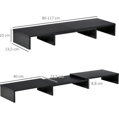 Support d'écran réglable pour double moniteur, longueur et angle pivotant ajustables, élévateur d'ordinateur pour PC portable, notebook, imprimante, 80-117 x 23,5 x 10 cm, noir (1/5)