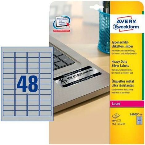 Avery AVERY tiquettes ultra-rsistantes, 45,7 x 21,2 mm, argent coloris mtal, matire polyester, pour imprimantes laser - 1 Stck (L6009-20.FR)