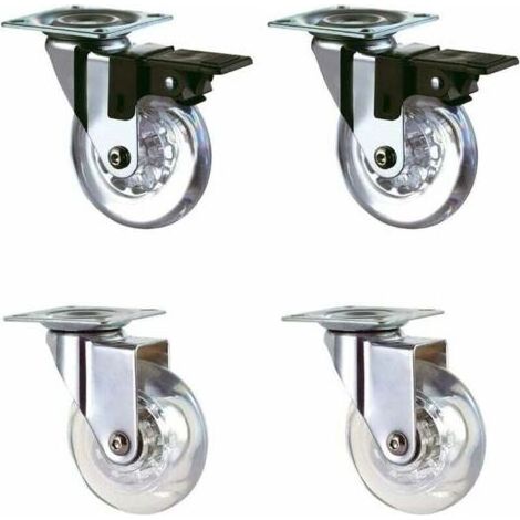 Jeu de 4 roulettes transparentes 50 mm avec frein pour le transport, faciles à déplacer, adaptées à toutes les surfaces (50 mm), revêtement en caoutchouc transparent, charge totale 160 kg. (1/4)