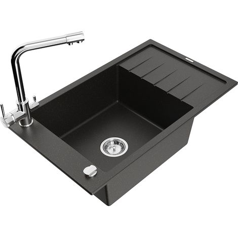 Mexen Elias fregadero de granito de 1 seno con escurridor y grifo de cocina Duero, negro/dorado metálico - 6511-75-671600-00 (1/5)