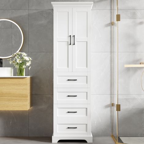 Mueble de baño de 57x38x180 cm con 3 cajones y estantes ajustables, MDF blanco