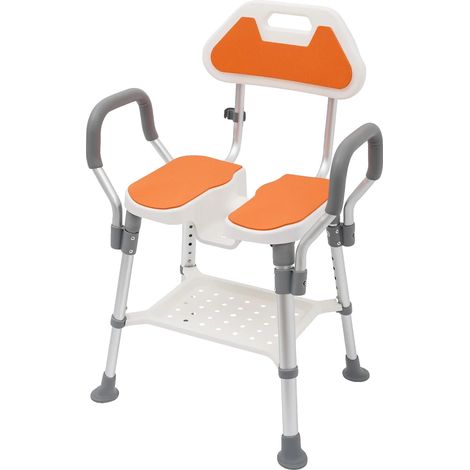 Silla de ducha, altura regulable, respaldo y reposabrazos, color naranja. (1/2)