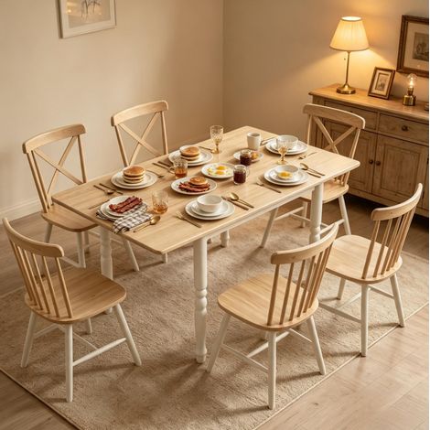 Mesa extensible plegable 74-134 cm para 2 a 6 personas, MDF y acero, blanco y madera natural HAVRYA (1/5)