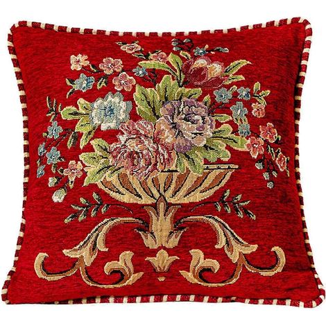 Housse de coussin décorative 48x48cm, lavable en machine, motif floral, carrée, pour mobilier d'intérieur et d'extérieur, multi-usages-Red (1/5)