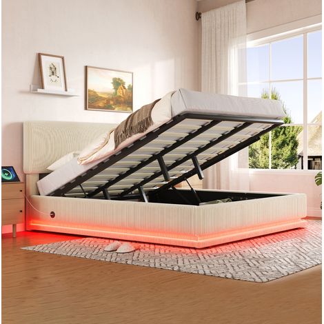 lit 180x200 cm beige – LED, USB-C et rangement sous le lit, sans matelas (1/5)