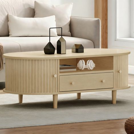 Table basse ovale 100x50x36 cm, avec tiroir et rangement ouvert, porte coulissante, MDF naturel (1/5)