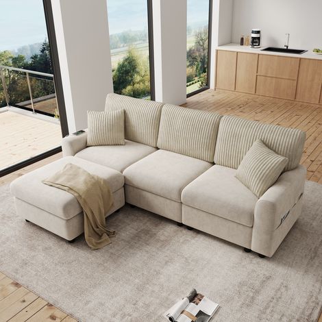 Canapé d’angle 223x146x84 cm beige en chenille et velours côtelé avec pouf, coussins et ports USB/USB-C (1/5)