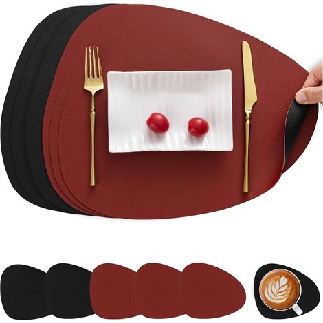 Leather placemats and coasters, double-sided, non-slip, washable, and waterproof (red and black, 6-piece set).