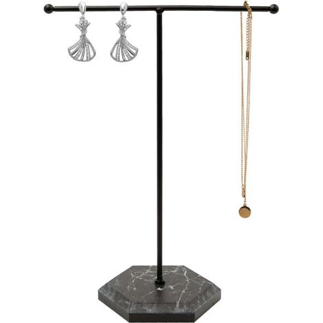 Jewelry Display Stand, Necklace Holder, Jewelry Display Stand, Jewelry Organizer, T-Shaped Metal Jewelry Display Stand, Marble Base, for Small Necklaces and Bracelets, Black (1/5)