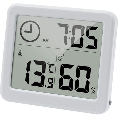 Thermomètre/hygromètre numérique, grand écran LCD 3,2 pouces, usage intérieur. Affiche la température, l'humidité et l'heure. Blanc. (1/5)