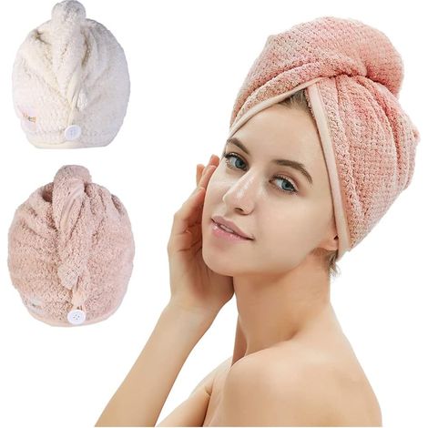 Lot de 2 Serviettes en Microfibre avec Boutons pour Cheveux bouclés (Rose et Beige) (1/5)