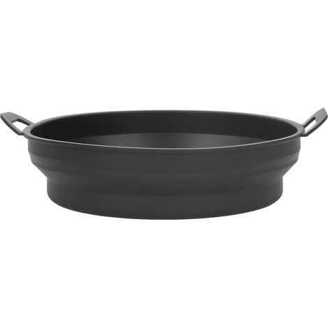 Zusammenfaltbarer Silikoneinsatz für Fritteusen, lebensmittelecht und hitzebeständig. Runder, schwarzer Silikontopf, 19 cm Durchmesser. (1/5)