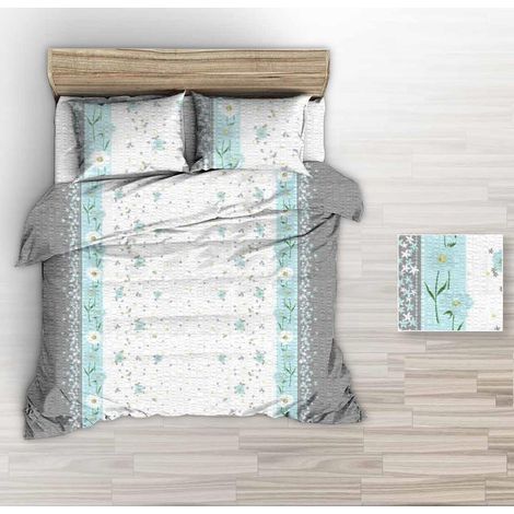 Ensemble de literie en écorce 160x200 blanc gris bleu fleurs sauvages (1/2)