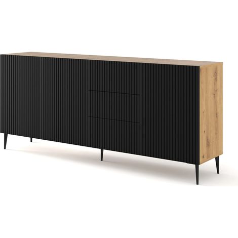 Bb-Loisir – Commode RAVENNA B 200 cm – 3 tiroirs et 3 armoires – Panneau MDF fraisé noir mat et chêne artisanal – Pieds en métal