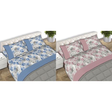 Completo Lenzuola Letto Matrimoniale 100% Cotone Made Italy Dis. Sonia CN, misura2 PiazzecoloreAzzurro (1/4)