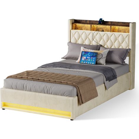 Cama tapizada 140x200 cm de terciopelo beige con somier de láminas, estructura de MDF, contrachapado y metal, espuma elástica y diseño ergonómico – CHICFURN (1/5)