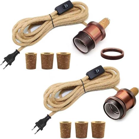 2PCS Kit Lampe Bouteille, Douille E27 avec 240CM Corde de Chanvre Câble, Support Lampe Bouteille, 3 Bouchons Souples, Adaptateur Bouteille pour Douille de Lampe, Peut DIY Abat Jour, Rouge (1/5)