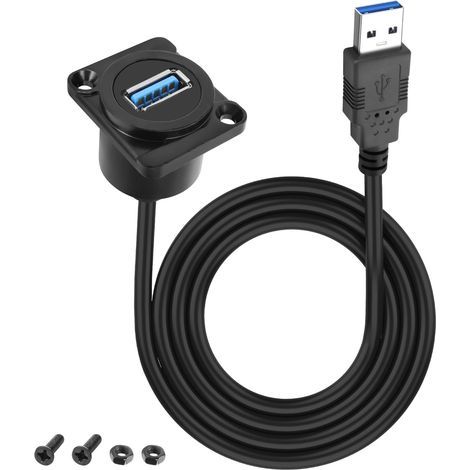 D-Type USB Panel Mount à USB 3.0 Adapter Cable 5Gbps Type-A Mâle à Type-A Femme Panel Mount Extension Cable Charge Socket Connector - 1M/3.2FT (D-Type) (1/5)