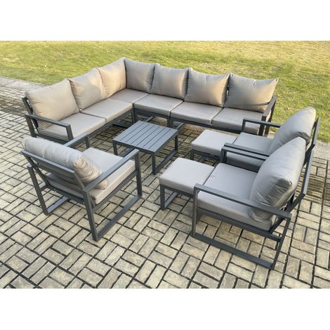 Fimous 11 Seater Aluminium Garden Furniture Set Outdoor Lounge Corner Sofa 3 Pcs Chair Square Coffee Table Sets with 2 Small Footstools Dark Grey (1/5)