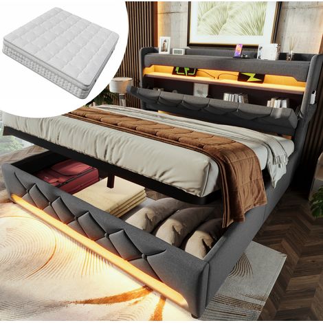 Letto imbottito moderno 180x200 cm grigio in lino con testiera portaoggetti USB/USB-C, LED 360° e vano contenitore con materasso