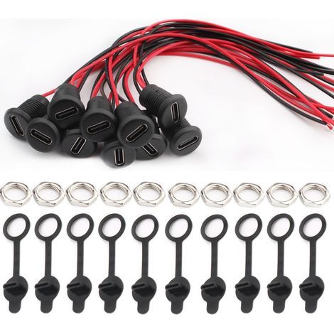 10 cables de extensión USB-C tipo C, conector USB tipo C para soldar, conector hembra USB C para montaje en panel con placa de bloqueo de tuerca, 15 cm (1/5)