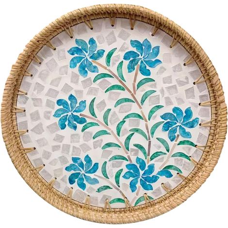 Plateau rond en rotin incrusté de nacre,Fleurs à motifs,plateau de service décoratif en osier , plateaux tressés pour pain, fruits et café (1/5)