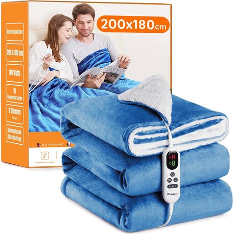 Couverture Chauffante plaid chauffant couette électrique 200x180cm, Flanelle Sherpa, 10 niveaux de température, 1 à 9 heures d'arrêt automatique, affichage numérique, lavable en machine, Bleu (1/5)