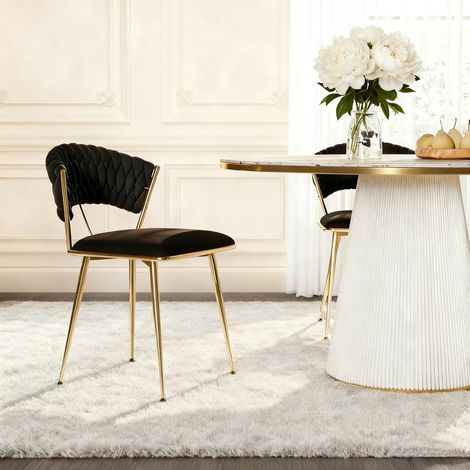 Moderne Stühle, Samt & Metall, schwarz (2er-Set) – Goldene Füße – Esszimmer (1/5)