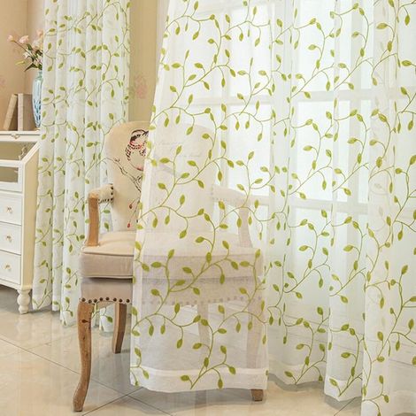 Sheer curtains for bedrooms, 140x260cm, beige and green with eyelets, set of 2, modern embroidered leaf pattern window curtains for living room