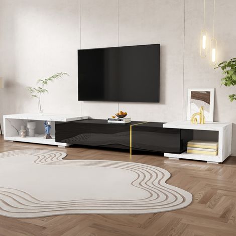 Mueble TV extensible 140-260 cm giratorio blanco mármol, negro y dorado DESVIAE (1/5)