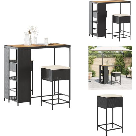 3-tlg. Gartenbar-Set mit Kissen Schwarz Poly Rattan - Gartenbar-Set - Outdoor-Möbel - Esstisch - Barhocker - Rattanmöbel (1/5)