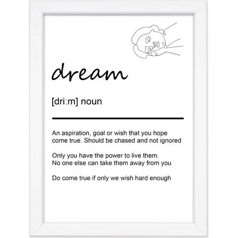 Lupia - Quadro Moderno con Cornice OPTICAL in Legno Sottile Nera o Bianca 15x20 cm, Poster con disegno in Stile Lineare e descrizione della Parola con testo in lingua inglese Bianco - Dream (1/4)