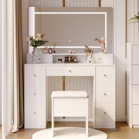 BLANKETSWARM - Coiffeuse blanche avec miroir LED - 110x40x150 cm - 9 tiroirs - 1 Compartiments de Rangement - Style Moderne - Blanc