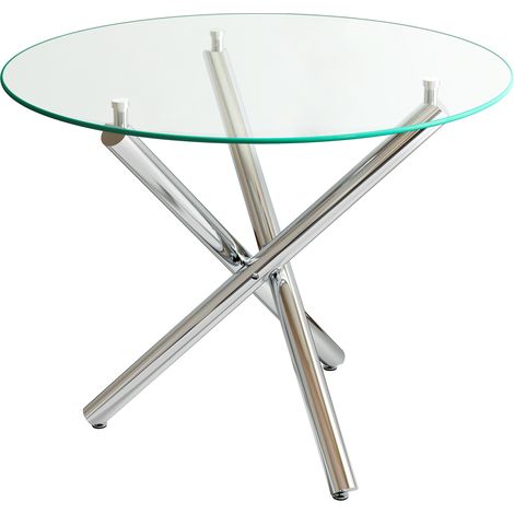 Tavolo da pranzo rotondo in vetro temperato con gambe metalliche argentate, 80 x 80 x 77 cm (1/5)