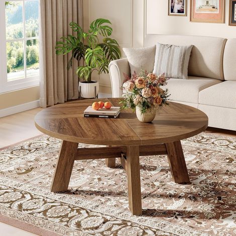 Tribesigns Runder Couchtisch, 100 cm Rund Wohnzimmertisch mit verstärkter Kreuzstrebe, niedriger Holztisch für Wohnzimmer, kleine Räume, Wohnungen, Büros, Walnuss (1/5)