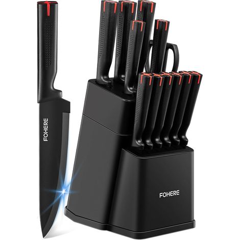 Couteaux de Cuisine avec Bloc, 13 Pièces Couteaux de Table en Acier Inoxydable avec Affûteur Intégré, Bloc de Couteaux Professionnel avec Support,Noir (1/5)