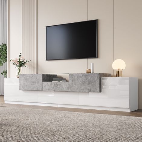 TV-Schrank 200x33x48,5cm fürs Wohnzimmer mit 4 Türen und Schublade aus Holzwerkstoff moderner Stil weiß Hochglanz und Zementgrau (1/5)