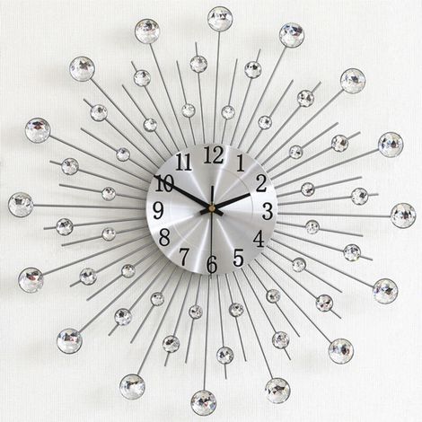 Giant Silver Wall Clock with Rhinestones, Metal Silent Wall Clock Modern Nordic Decoration, Creative Design for Living Room Bedroom Bar 50cm