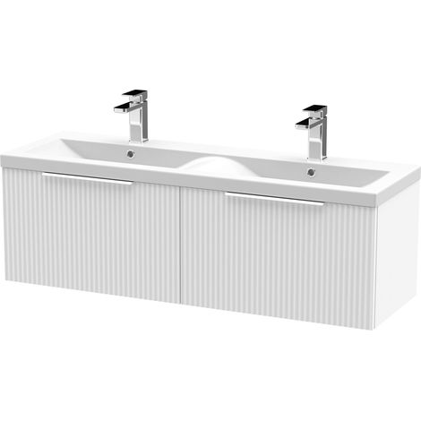 Tixall Fluted 2 Drawer Wall Hung Vanity Unit with Double Basin, Satin White, 1200mm (1/4)