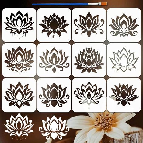 12PCS Pochoirs Peinture Lotus 15x15cm avec un Pinceau Ensemble de Pochoirs Fleur Lotus Modèles Dessin Floraux Réutilisable Pochoir Nénuphar pour Mur Bois Sol Yoga Méditation Maison DIY (1/5)