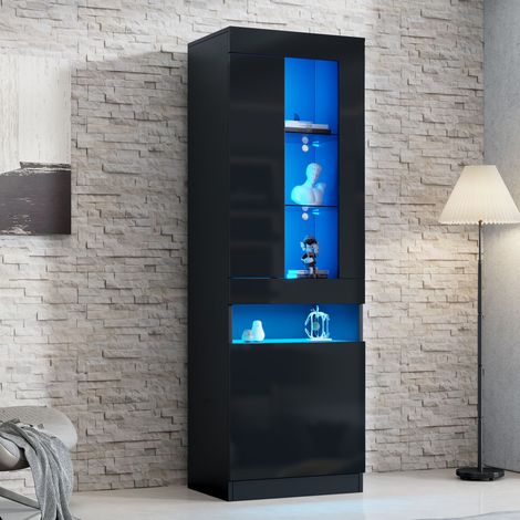 Vitrine debout salon noire avec éclairage LED, meuble de rangement pour aménagement intérieur (1/5)