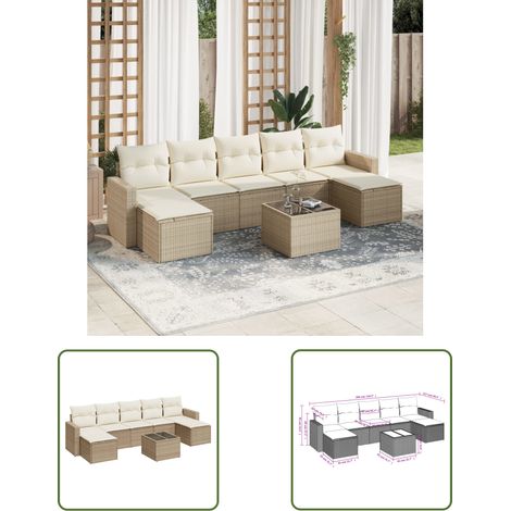 The Living Store 8-tlg. Garten-Sofagarnitur mit Kissen Beige Poly Rattan - Gartenmöbel Set - PE-Rattan Möbel - Outdoor Sofa - Lounge Set - Esstisch Set (1/3)