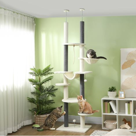 Árbol rascador para gato de techo 60x44x255 cm en poliéster blanco - MEUBLIV (1/5)