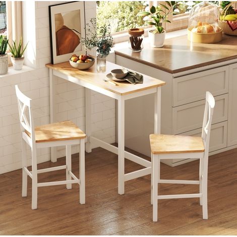 Mesa alta de madera de caucho 108 x 48 x 91 cm, efecto roble, blanca, compacta para 2 personas (1/5)