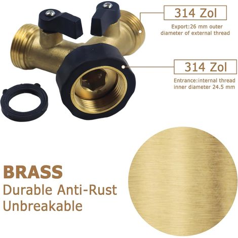 Rubinetto doppio per lavatrice, distributore a Y a 2 vie, 3/4" in ottone, divisore per rubinetto da giardino per lavatrice, cucina, giardino (1/4)
